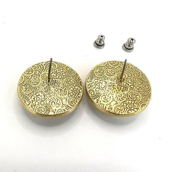 Vintage Floral Transfer Acrylic Stud Earrings Round Ornate Gold Tone Surround - Picture 4 of 5